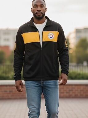 NFL Pittsburgh Steelers Full Zip Black Gold Embroidery Logo Track Jacket Mens XL